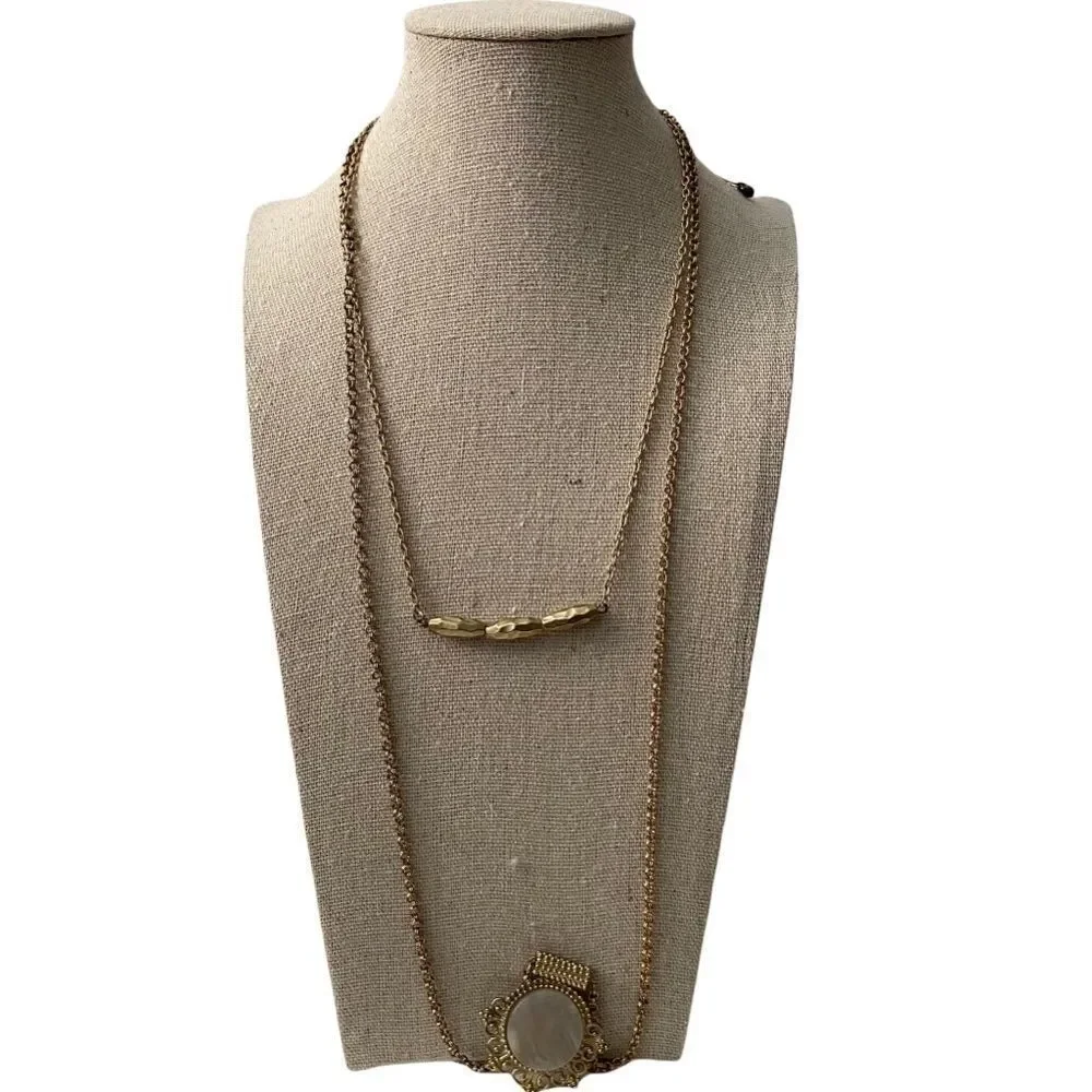Elegant Two Layered Long Necklace in Gold Vintage Tone